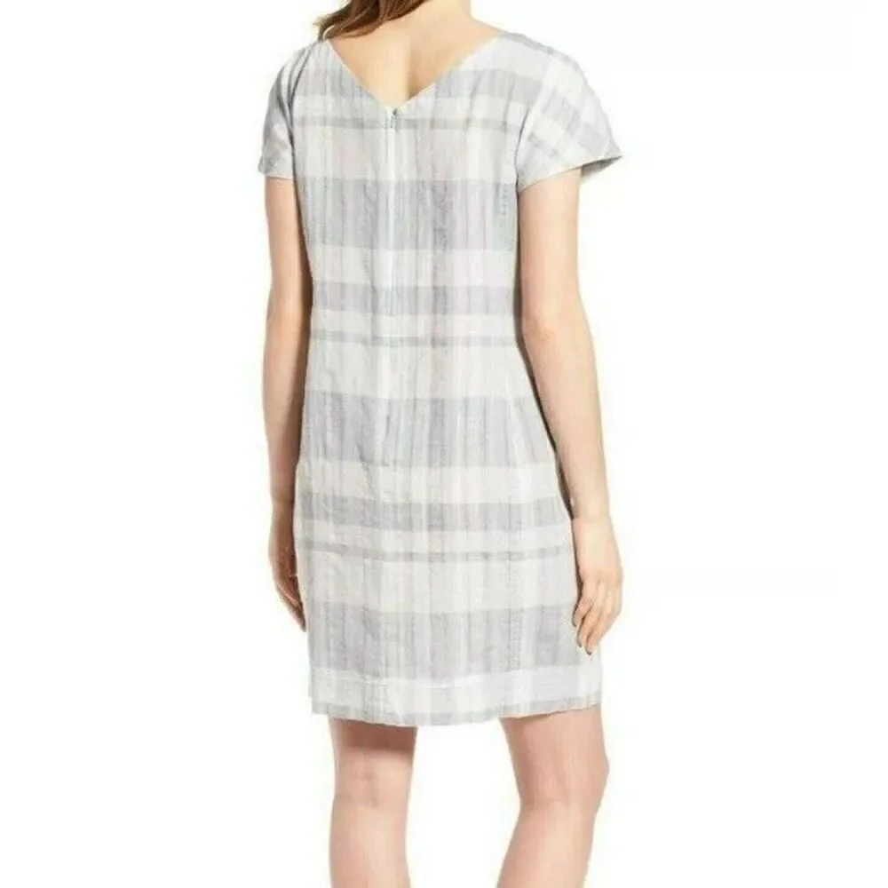 Eileen Fisher Size Small Airy Organic Linen Cotton Gray Plaid Shift Dress Pocket